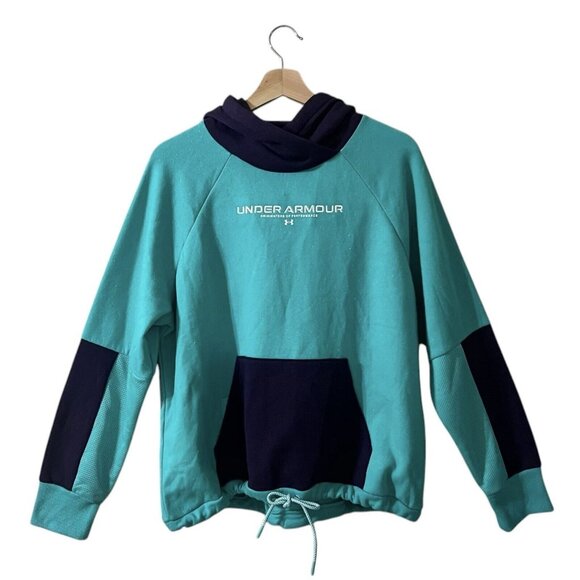 Under Armour Loose Hoodie Size Medium Raglan Cinch Hem Rival Fleece Colorblock - Picture 4 of 12